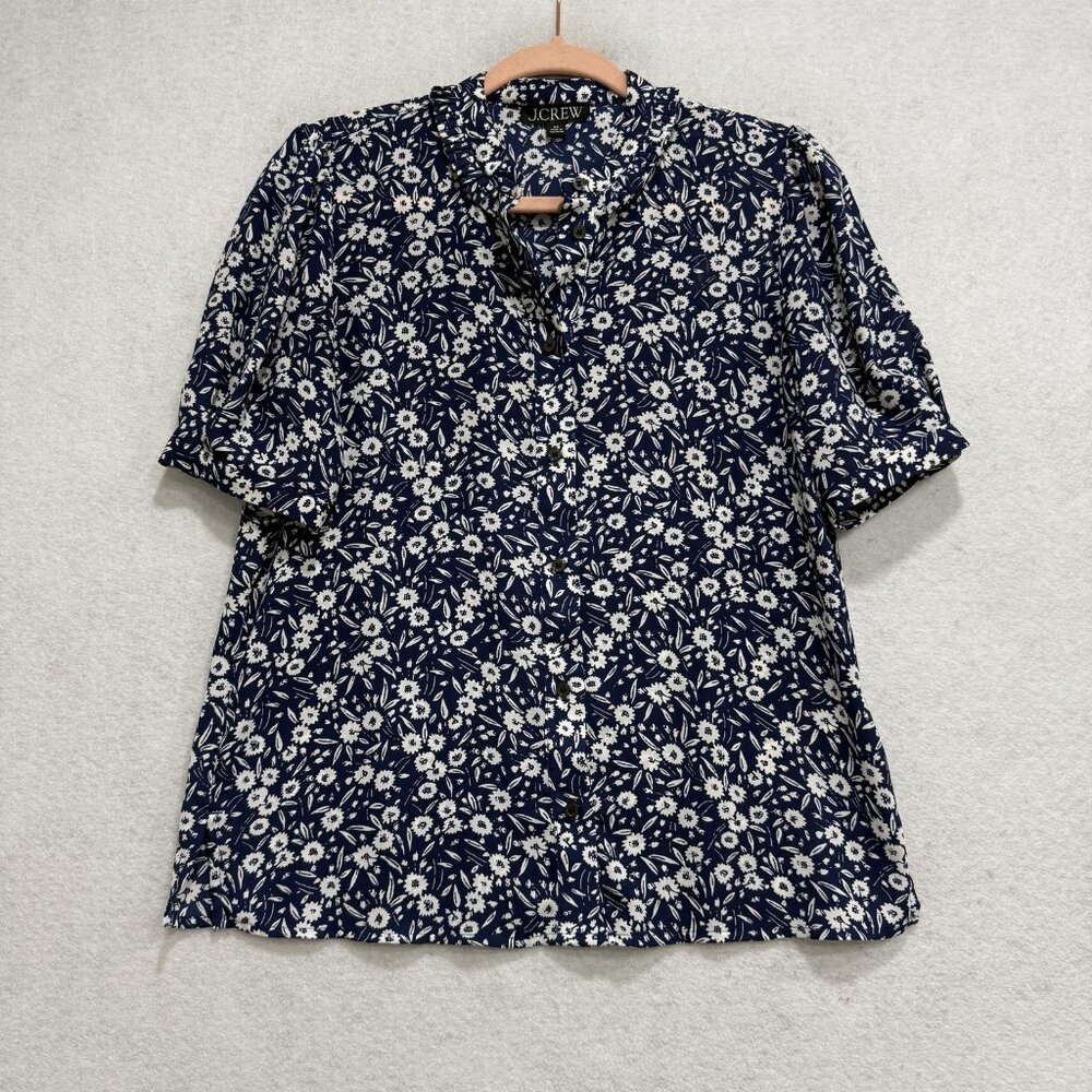 J Crew Blouse Womens XS Blue Floral Print Ruffle V Neck Button Short Sleeve Top